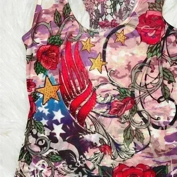 Ocean Blue Y2K Pink and Crystal Embellished Traditional Tattoo Print Dress Med - Picture 6 of 8